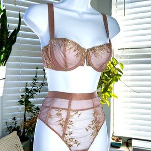 Victorias Secret Purple Gold Bra Thong High Waist Lingerie Set
